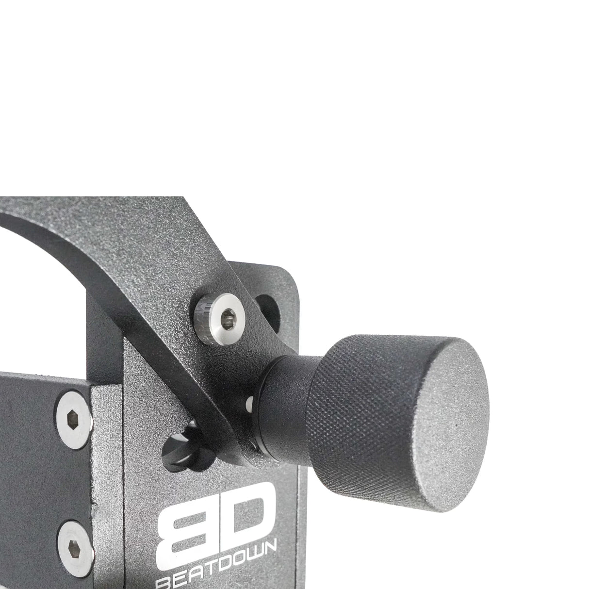 Close-up of Garmin 9000 cradle side hardware with BeatDown logo and adjustment knob