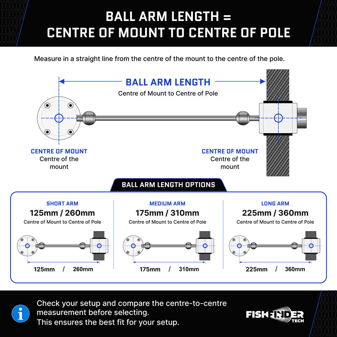Dead Hold 360 ball arm length guide showing short medium and long arm options