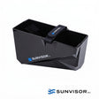Angled open view of Sunvisor fish finder screen shade with top securing strap