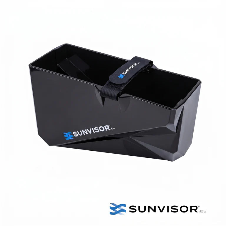 Angled open view of Sunvisor fish finder screen shade with top securing strap