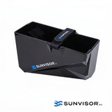 Angled open view of Sunvisor fish finder screen shade with top securing strap