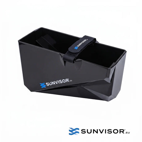 Angled open view of Sunvisor fish finder screen shade with top securing strap