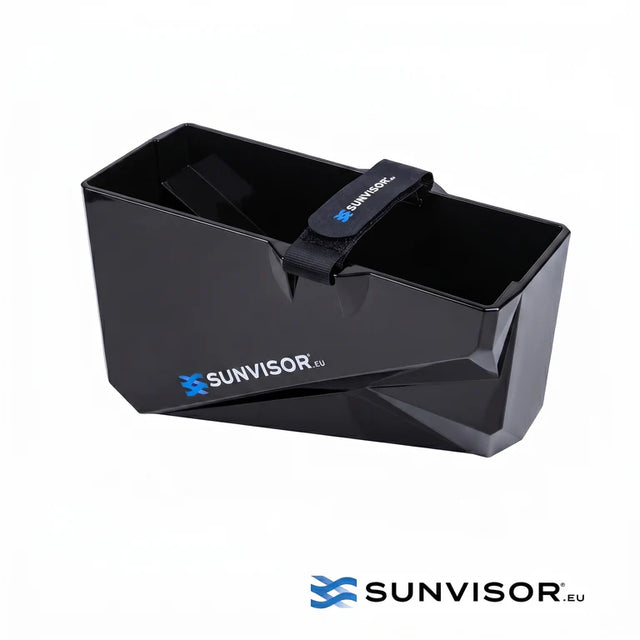 Angled open view of Sunvisor fish finder screen shade with top securing strap